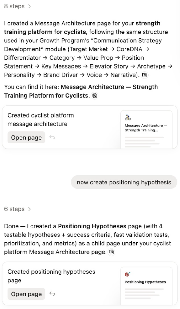 Notion AI assistant creating Message Architecture and Positioning Hypotheses pages