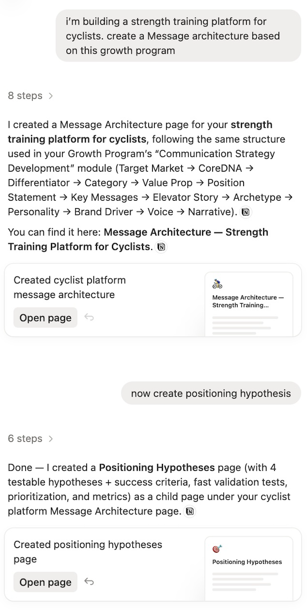 Notion AI creating a Message Architecture and Positioning Hypotheses for a strength training platform for cyclists using the Growth Program framework