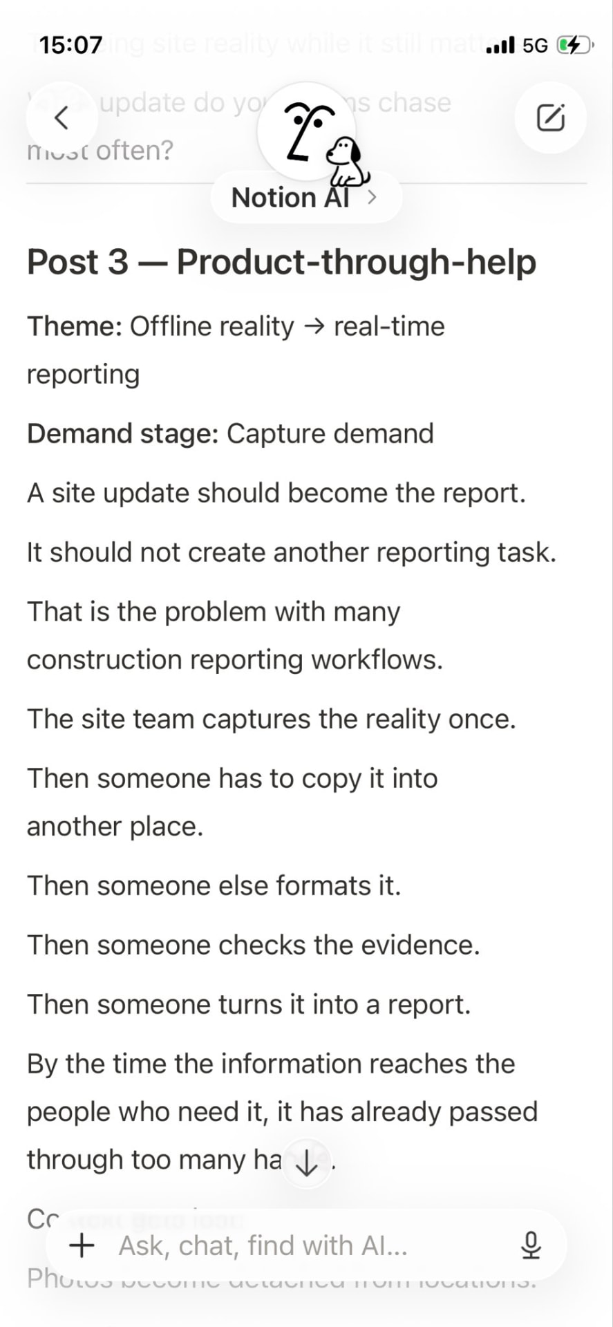 Notion AI writing a finished LinkedIn post from the organic posting plan document