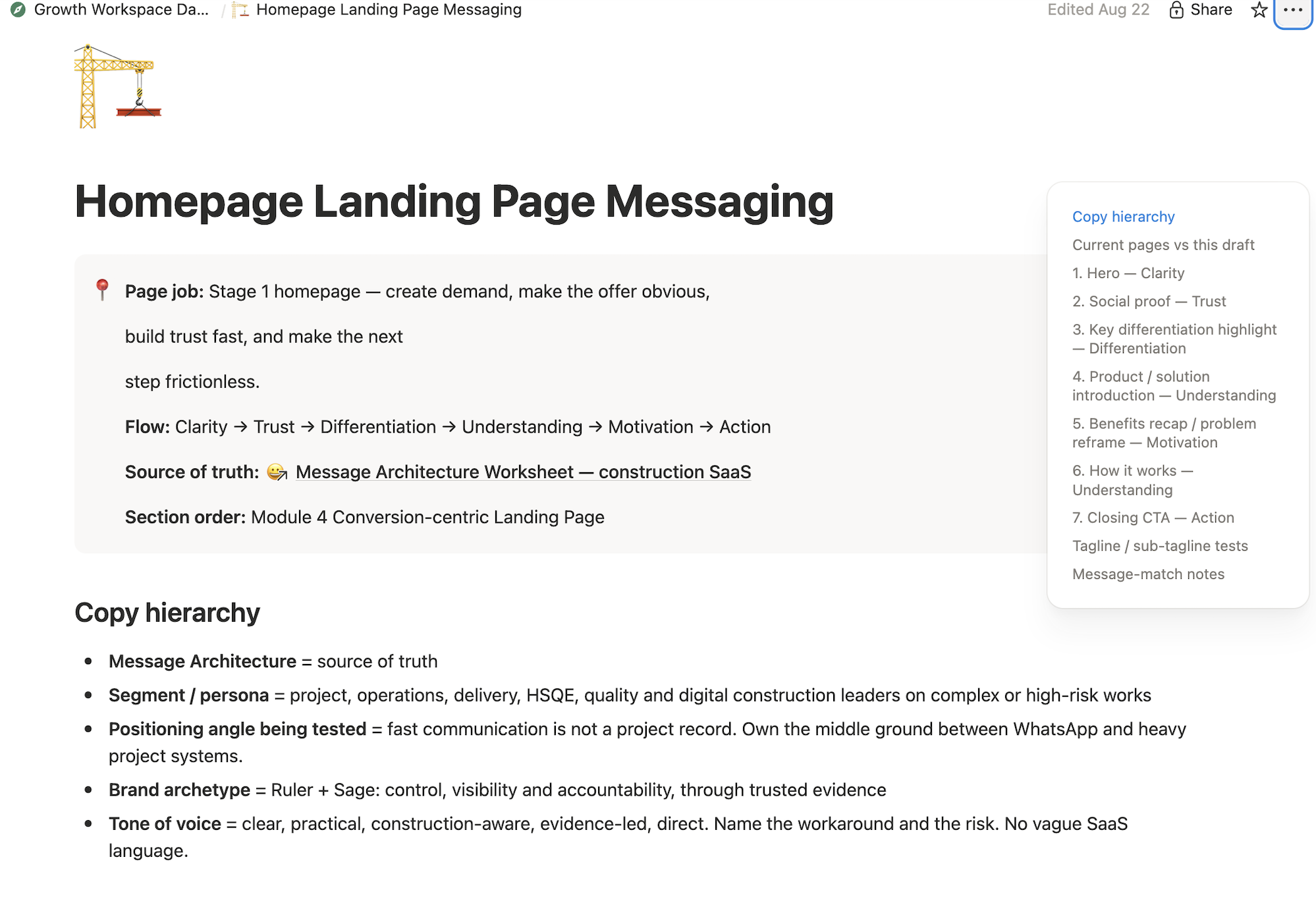 Notion AI generated homepage landing page messaging and copy