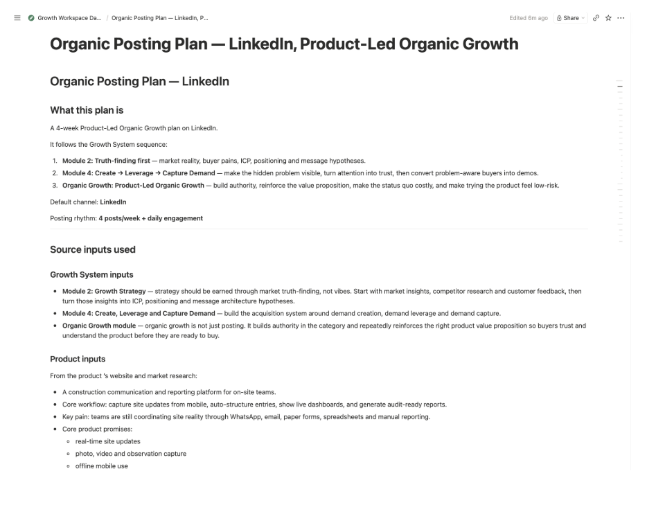 Notion AI generating a 4-week LinkedIn organic posting plan using the Growth Program frameworks