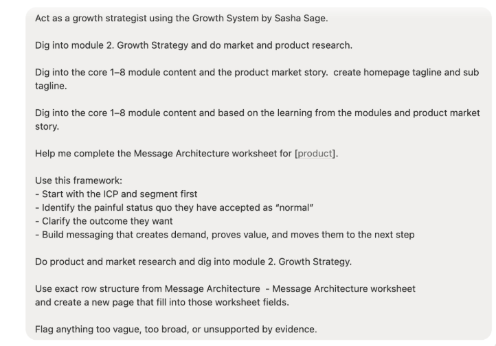 Notion AI prompt library showing growth strategist instructions applied to the Growth Program